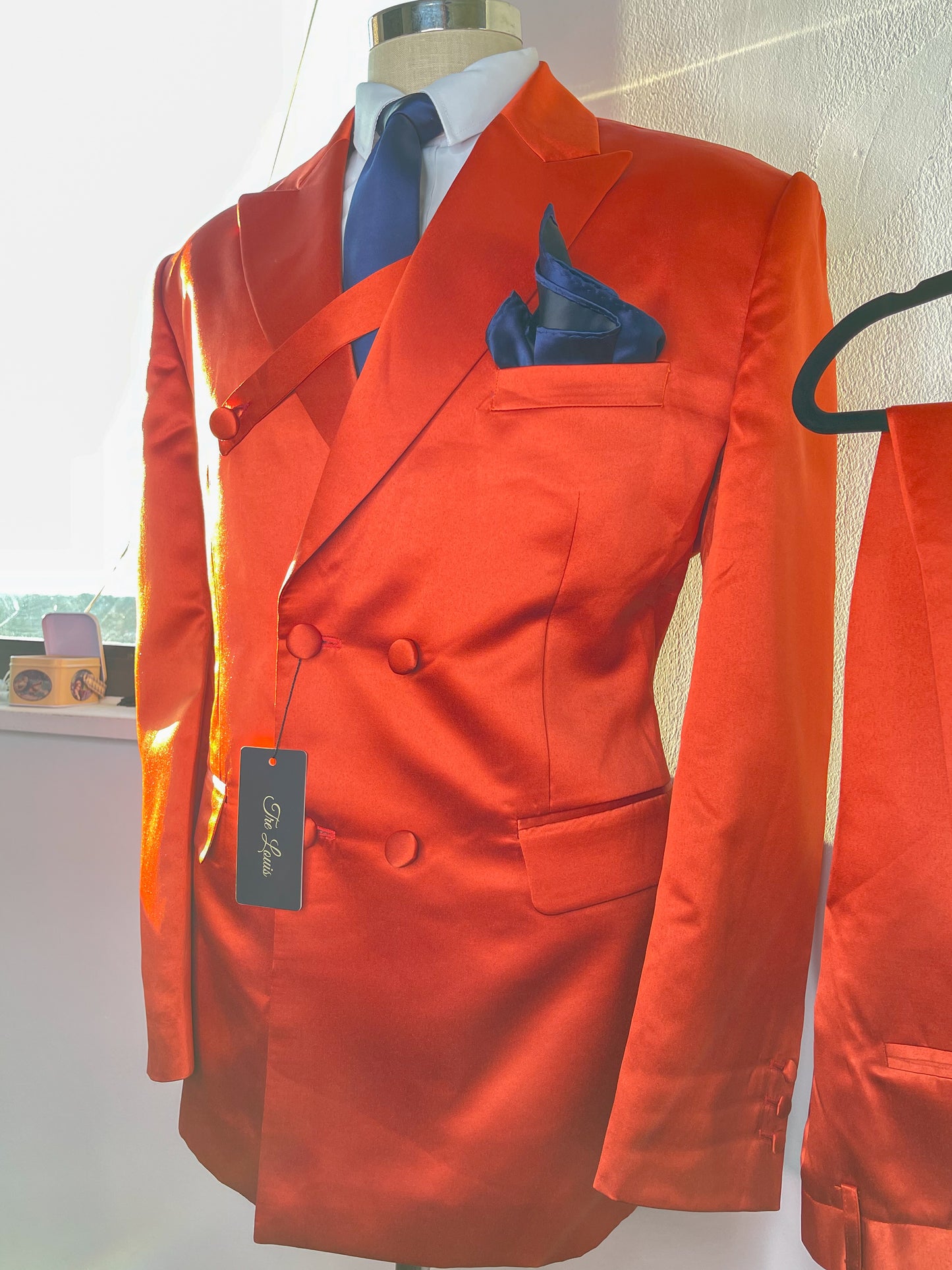 Satin double breast suit w/ chest strap